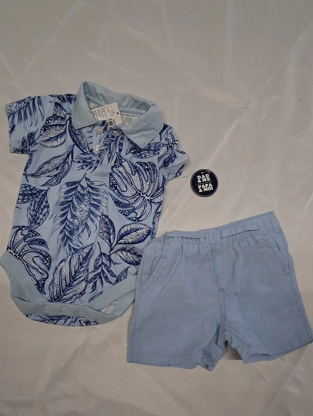 NWT Baby Boy Light Blue Leaf Print Polo Onesie & Shorts Set